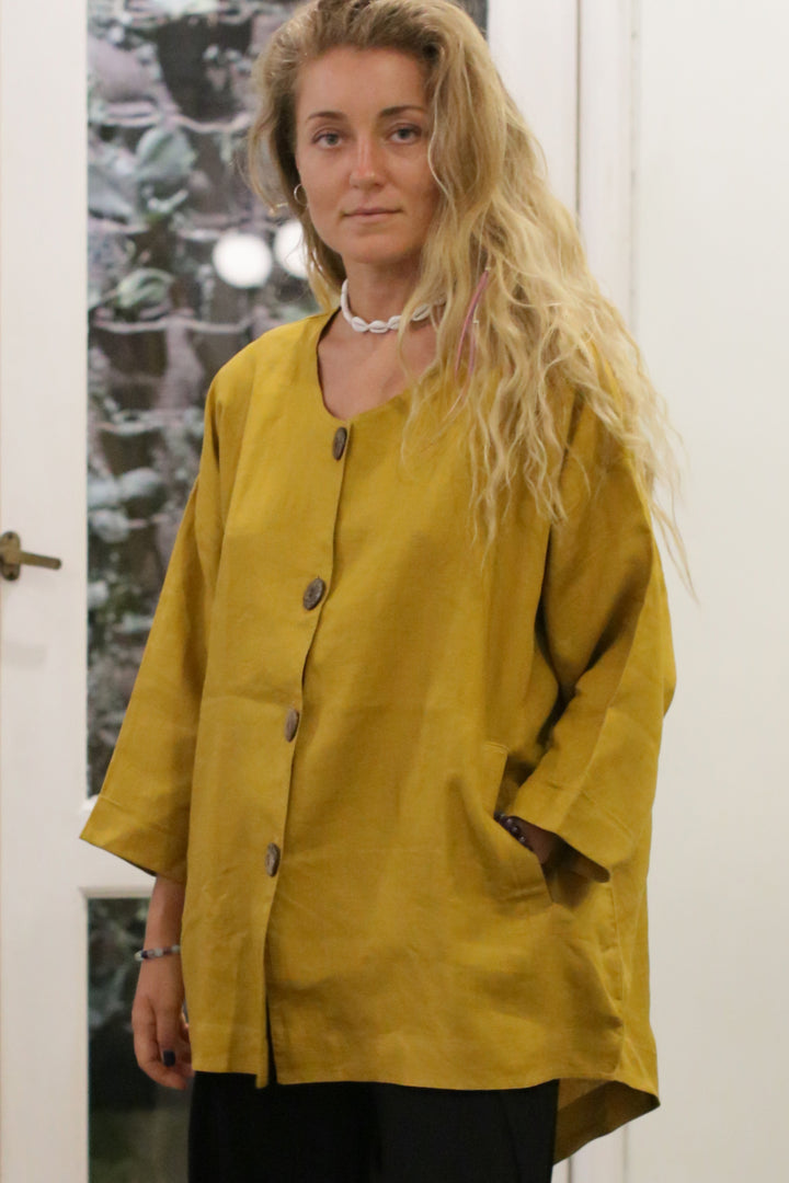 Kim Jacket Coconut Button Mustard ( 100% Linen )