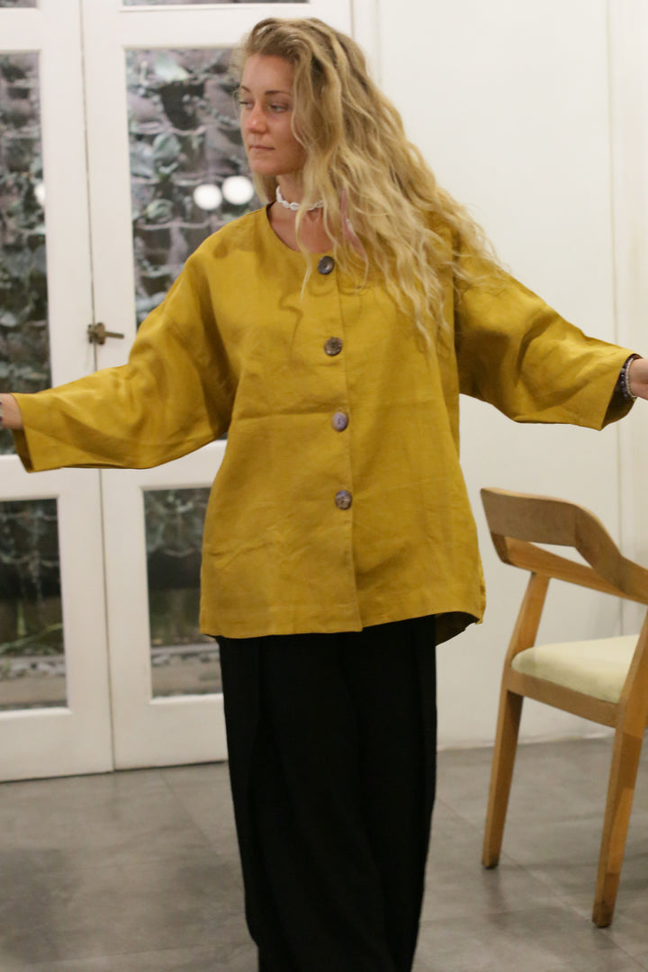 Kim Jacket Coconut Button Mustard ( 100% Linen )