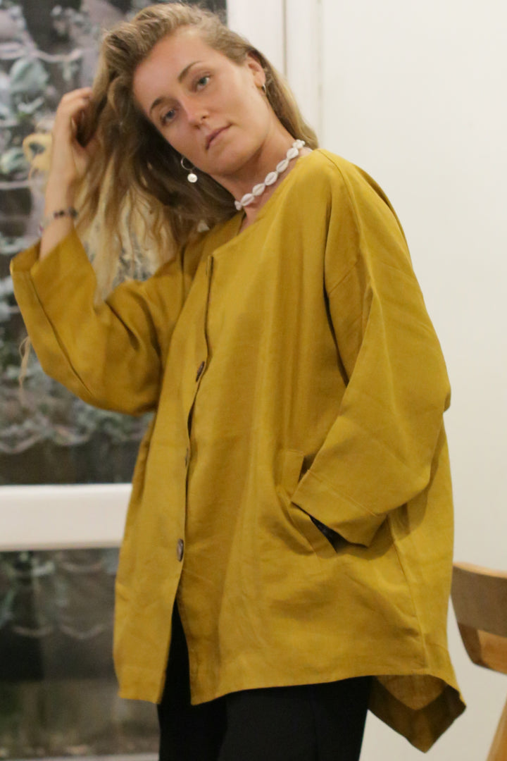 Kim Jacket Coconut Button Mustard ( 100% Linen )