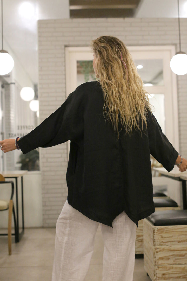 Kim Jacket No Button Black ( 100% Linen )